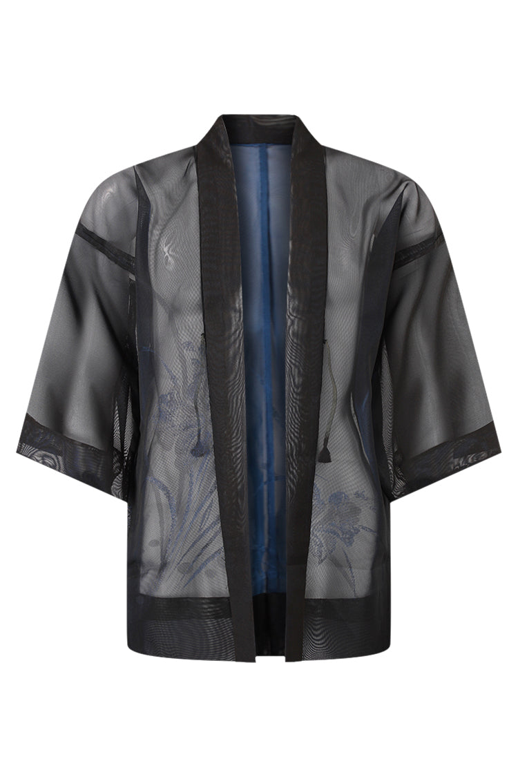 blue black semi-transparent summer silk kimono jacket on large model