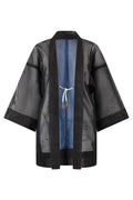 blue black kimono jacket with refashioned sleeves on small model
