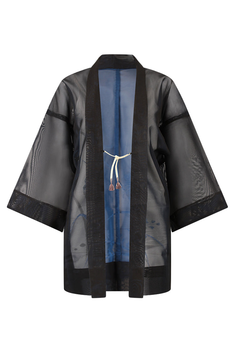 blue black kimono jacket with refashioned sleeves on small model