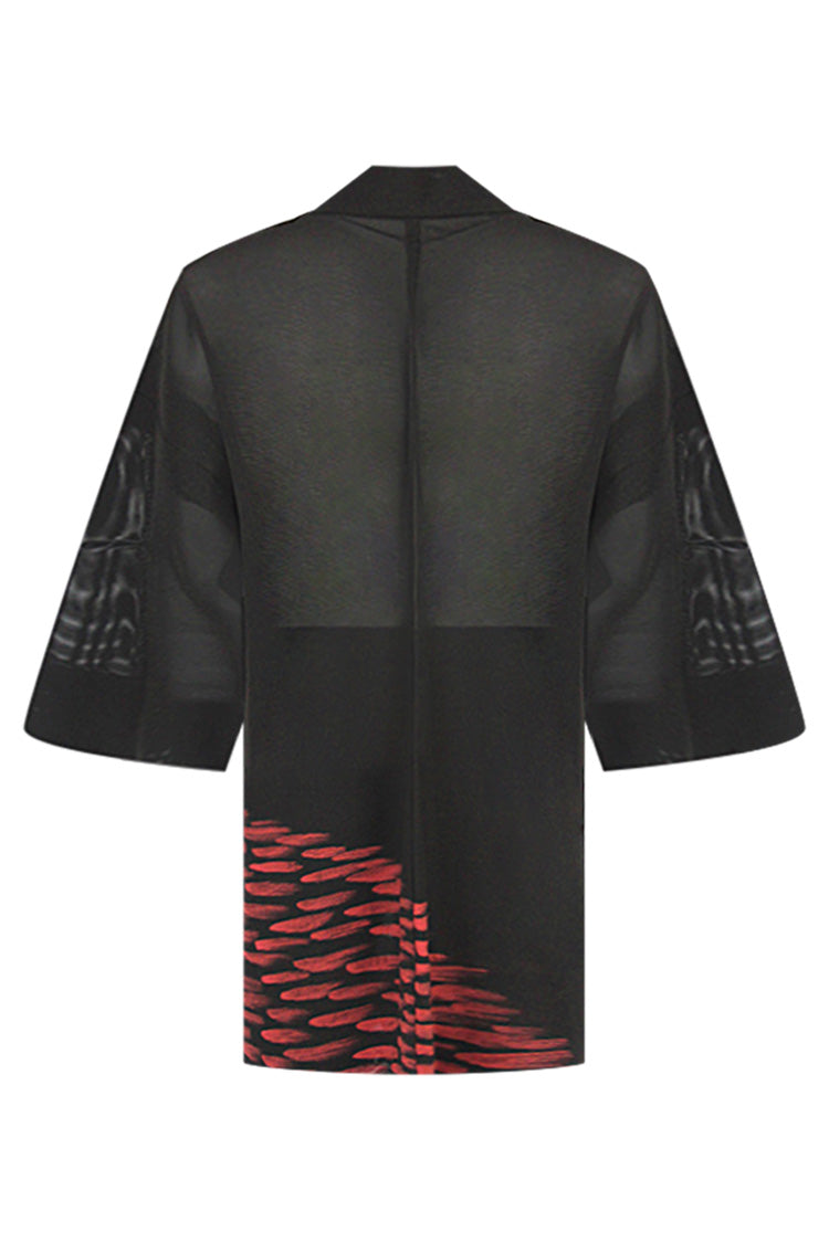 Summer silk brown jacket with peach abstract border - Kiku 