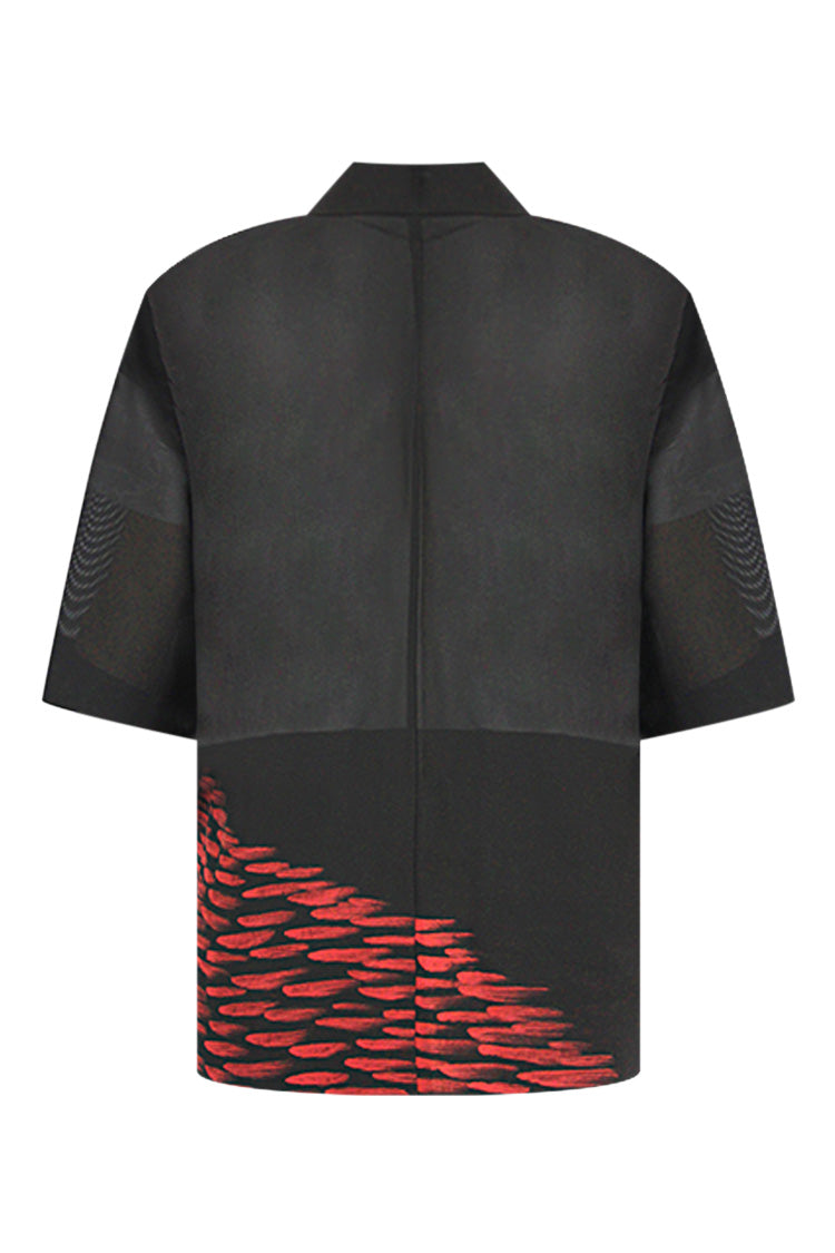 Summer silk brown jacket with peach abstract border - Kiku 