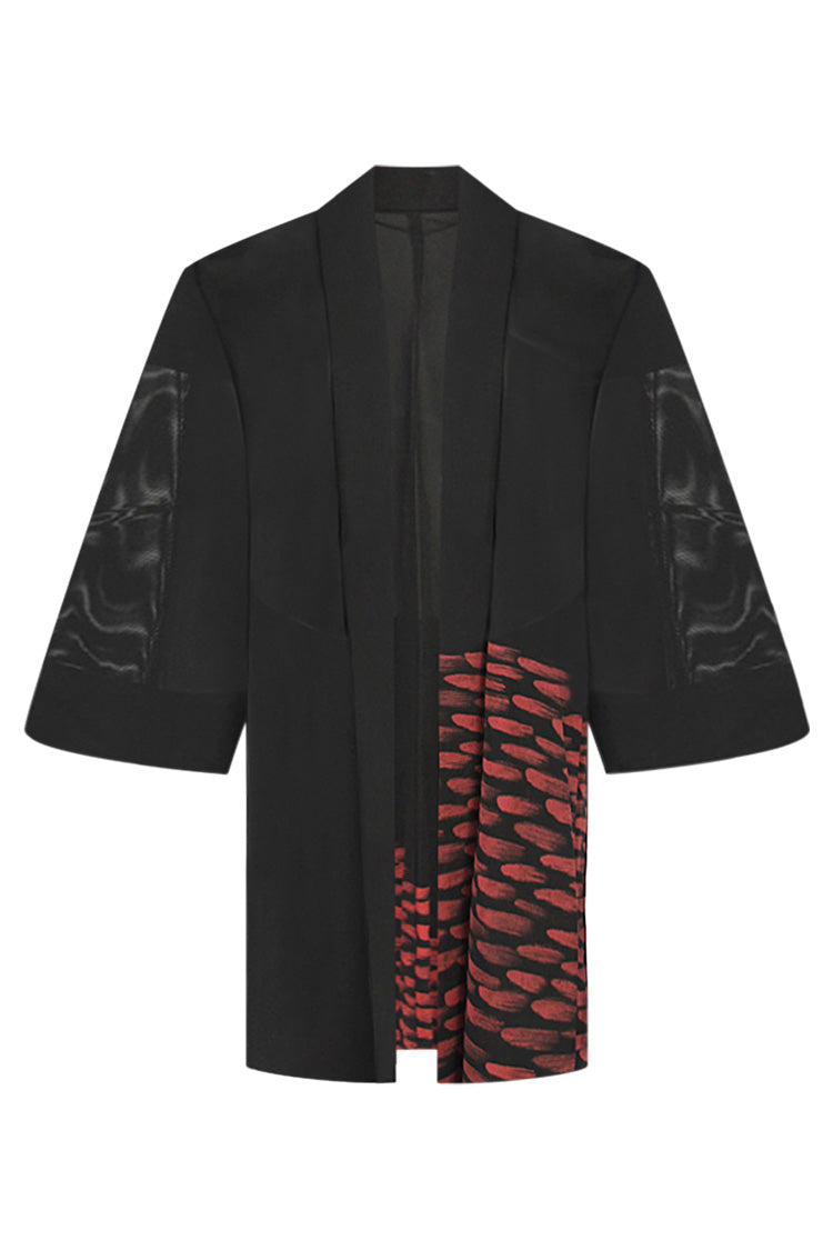 Summer silk brown jacket with peach abstract border – Kiku