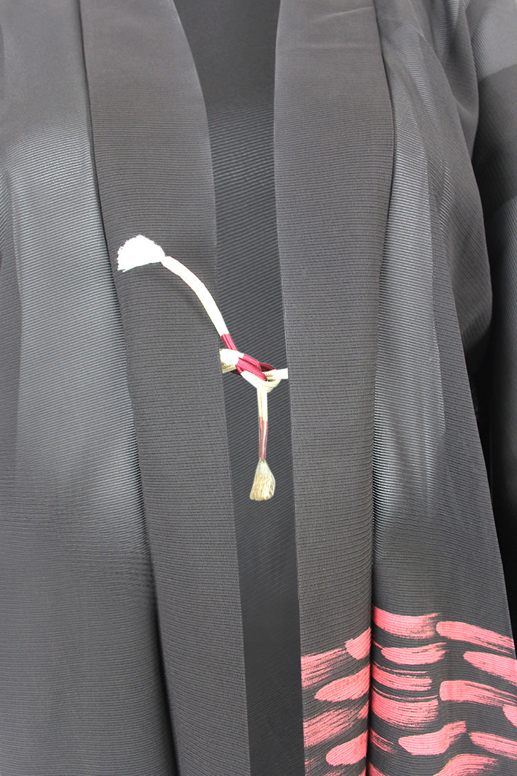 Summer silk brown jacket with peach abstract border - Kiku 