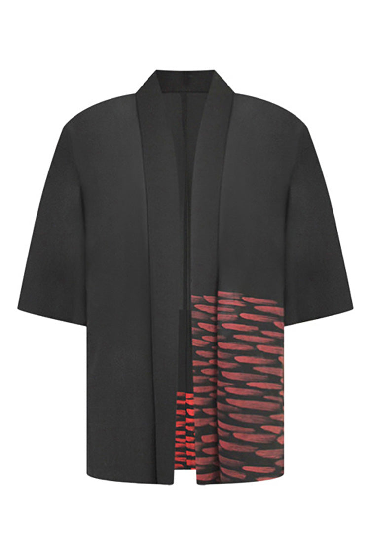 Summer silk brown jacket with peach abstract border - Kiku 