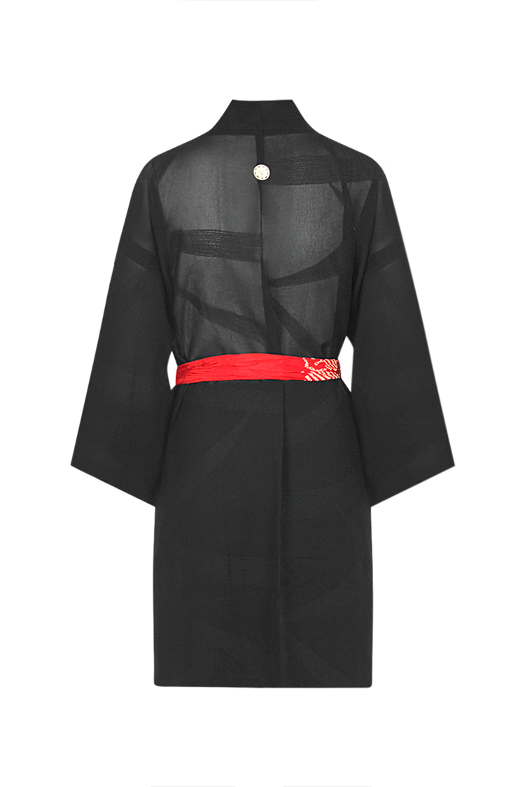 Black summer silk jacket with family crest - Kiku 