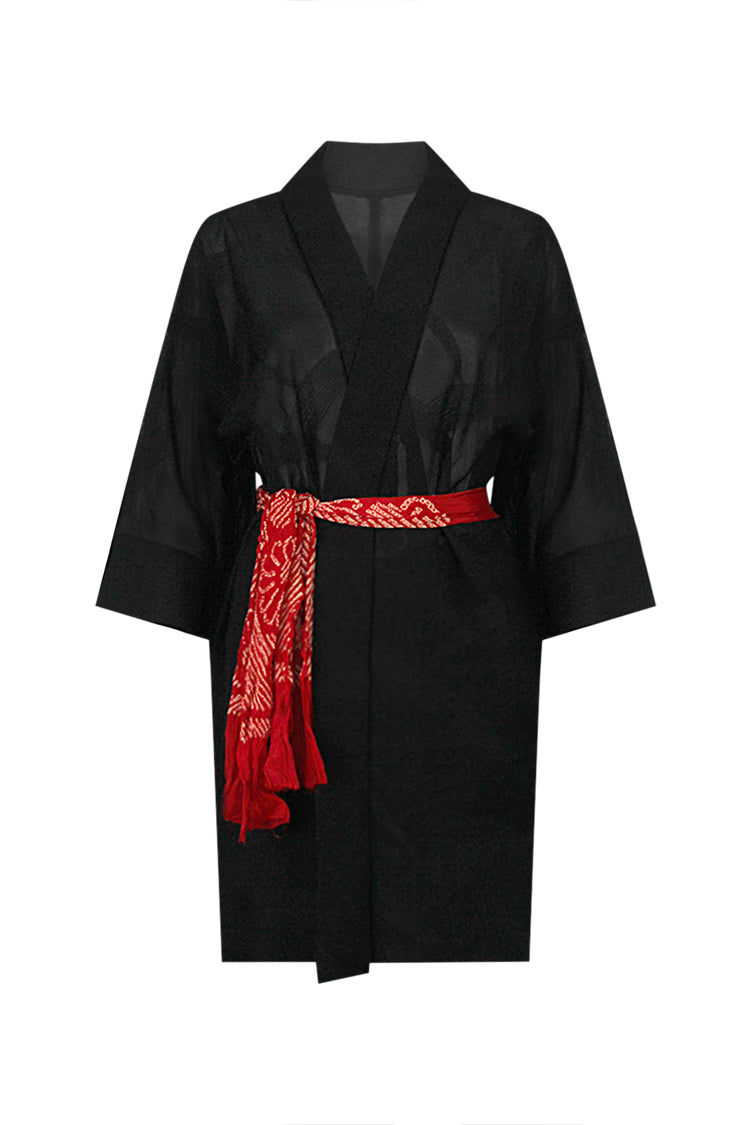 Black summer silk jacket with family crest - Kiku 