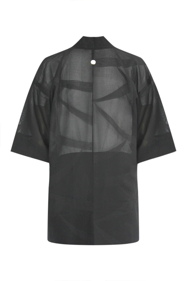 Black summer silk jacket with family crest - Kiku 