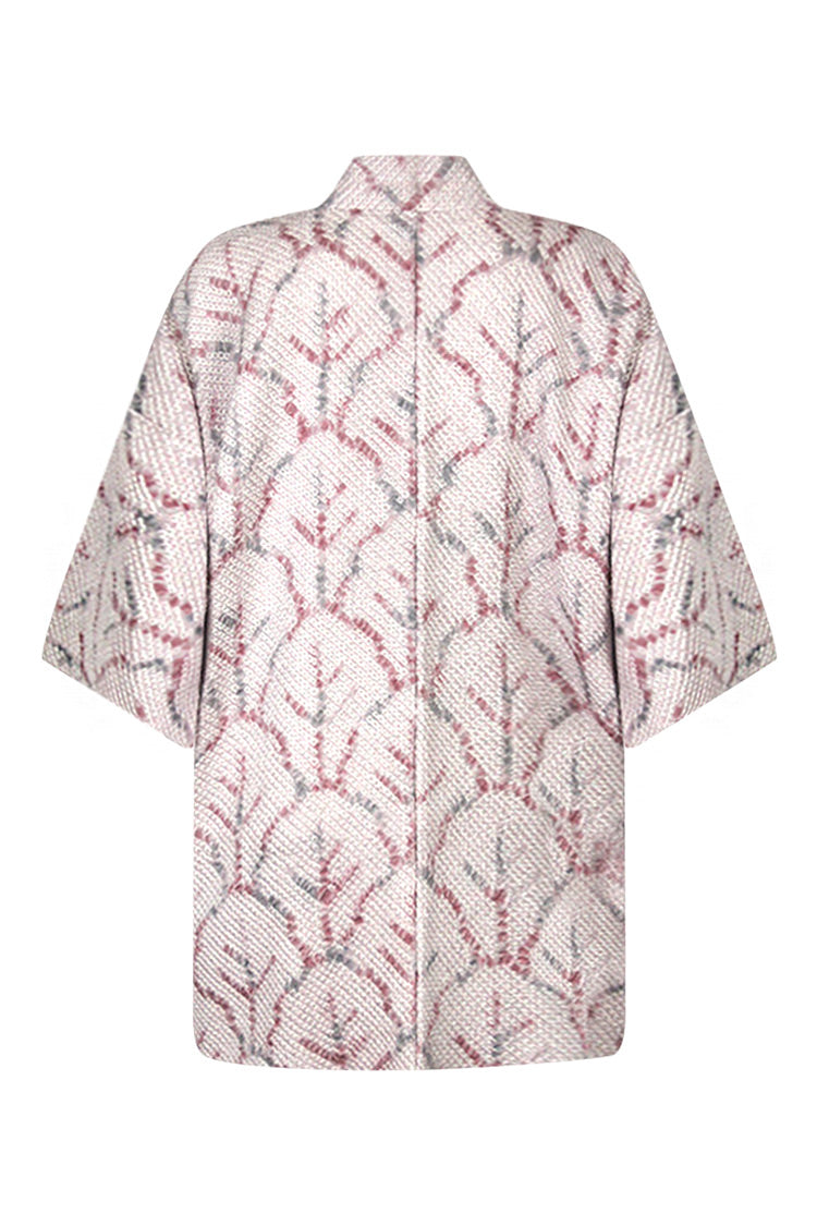 Lighter view of full back silk robe on white background, abstract trees tie dye design.