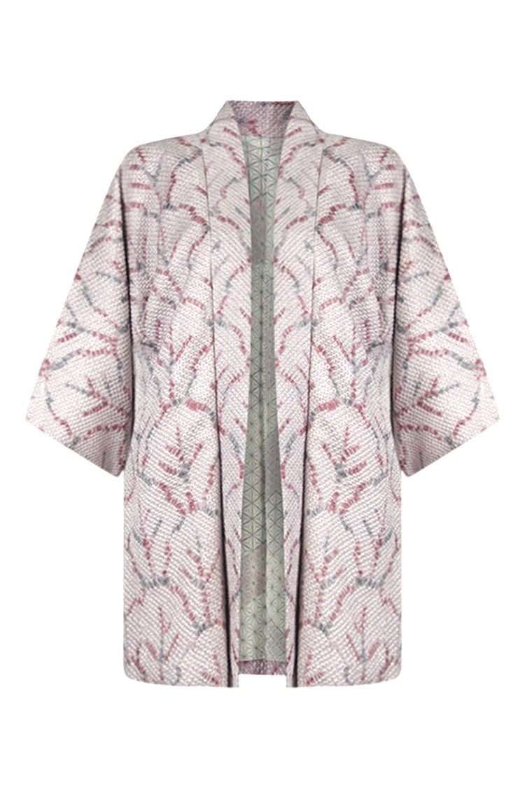 Ghost image of Kiku fashions Silk jacket, beige and purple, abstract trees tie dye design, full length, white background.