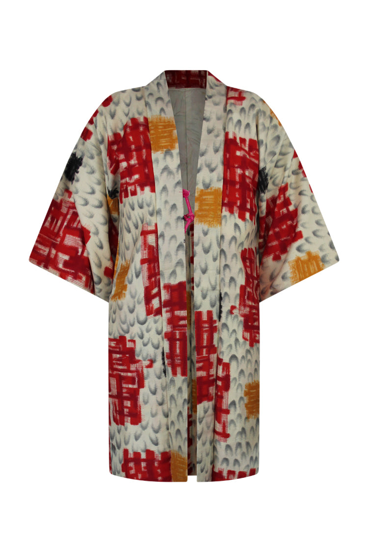 Meisen silk jacket with red, mustard and cream colors - Kiku 