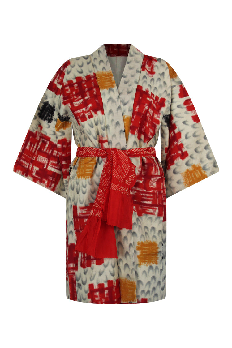 Meisen silk jacket with red, mustard and cream colors - Kiku 