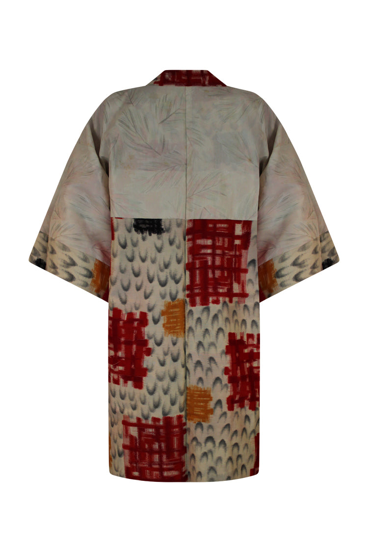 Meisen silk jacket with red, mustard and cream colors - Kiku 