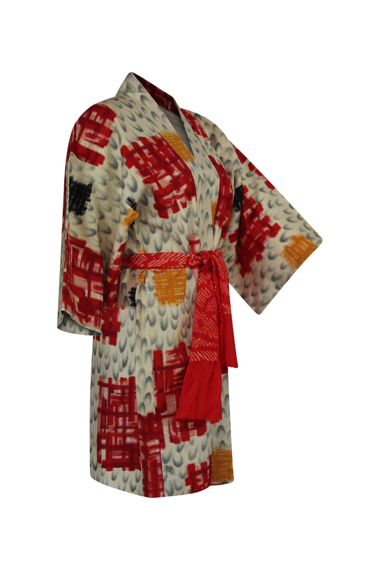 Meisen silk jacket with red, mustard and cream colors - Kiku 