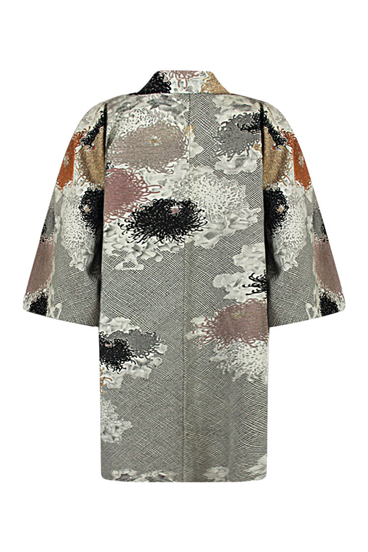 Gray silk jacket with gold, black, silver and bronze woven chrysanthemums - Kiku 
