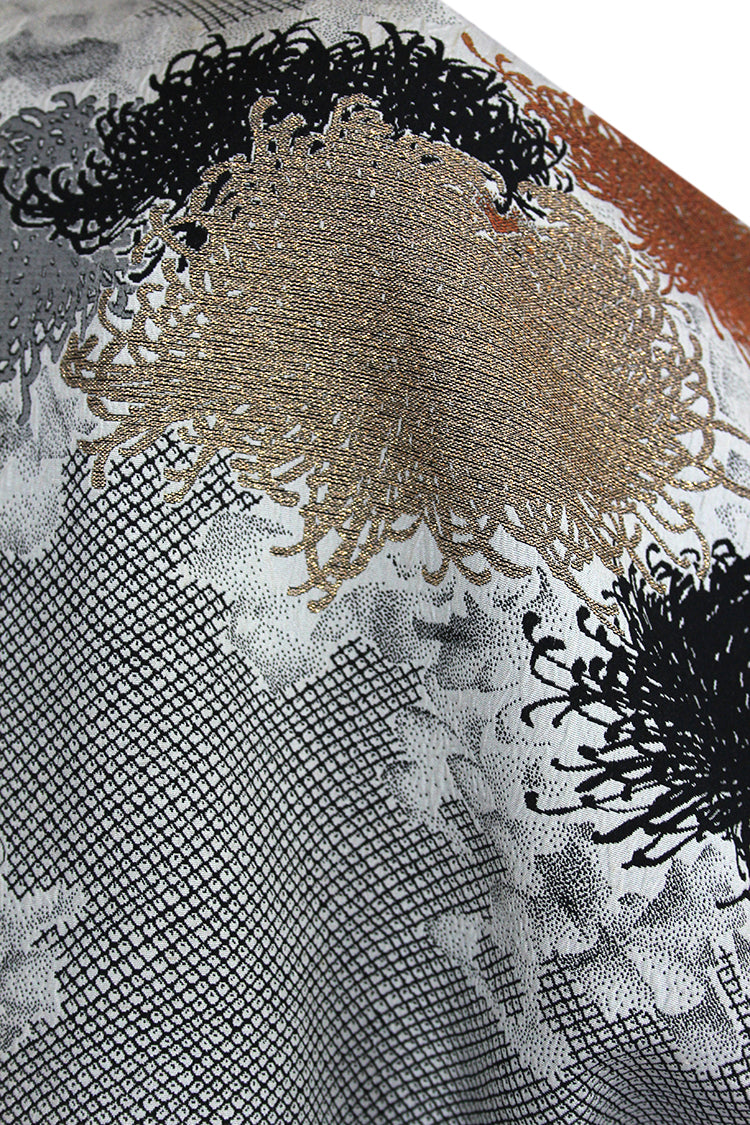 Gray silk jacket with gold, black, silver and bronze woven chrysanthemums - Kiku 