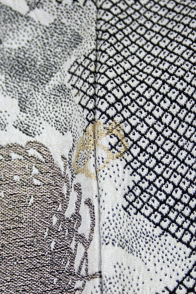 Gray silk jacket with gold, black, silver and bronze woven chrysanthemums - Kiku 