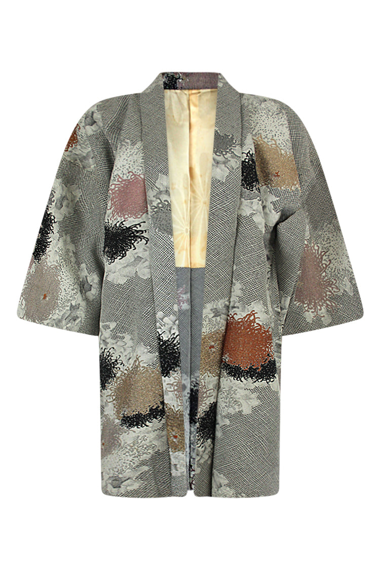 Gray silk jacket with gold, black, silver and bronze woven chrysanthemums - Kiku 