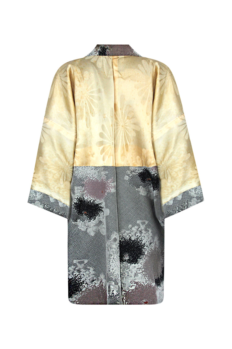 Gray silk jacket with gold, black, silver and bronze woven chrysanthemums - Kiku 