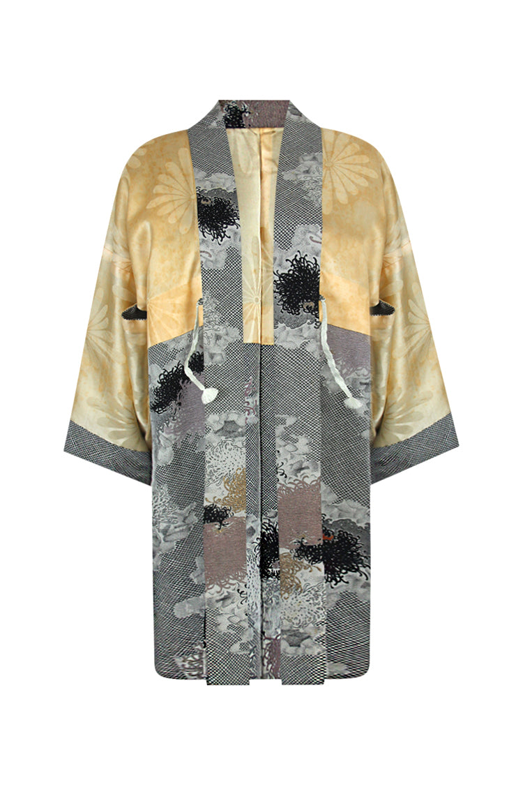 Gray silk jacket with gold, black, silver and bronze woven chrysanthemums - Kiku 