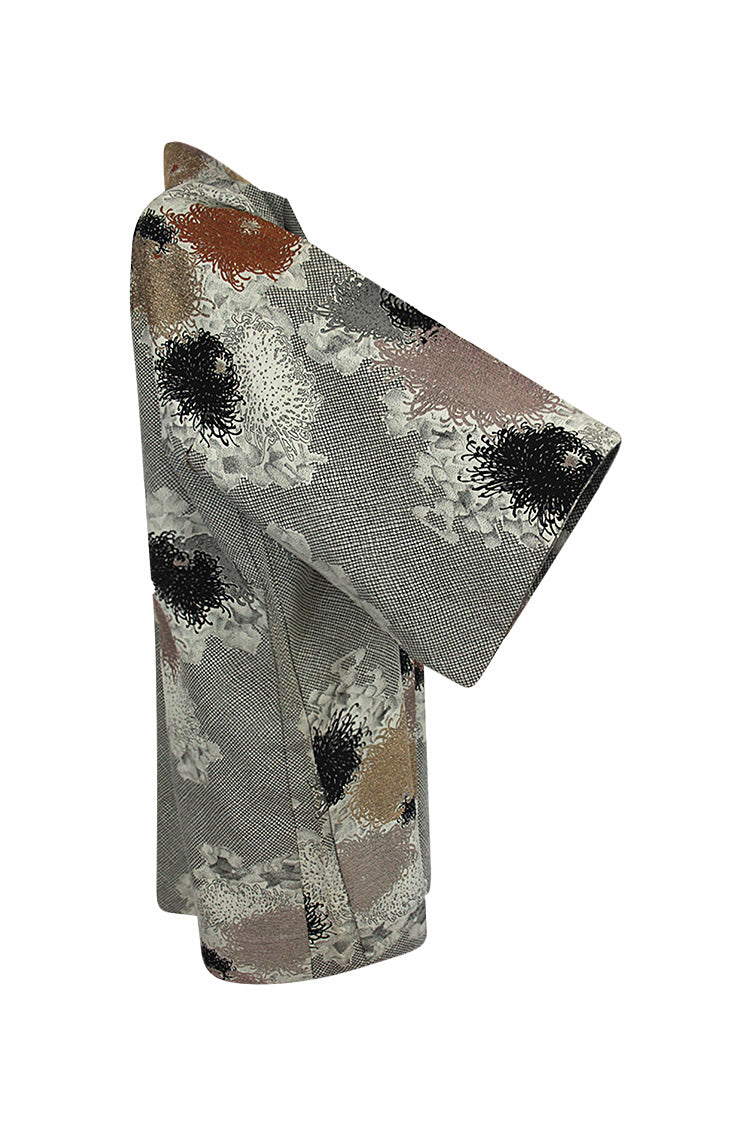 Gray silk jacket with gold, black, silver and bronze woven chrysanthemums - Kiku 