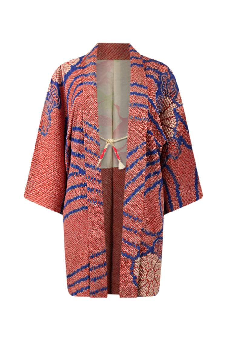 blue and red refashioned silk kimono jacket with reduced sleeves