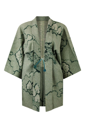 blue green vintage kimono jacket with forest and hill design