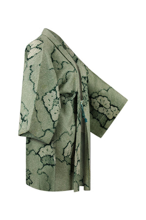 side view of upcycled silk kimono jacket with reduced sleeves