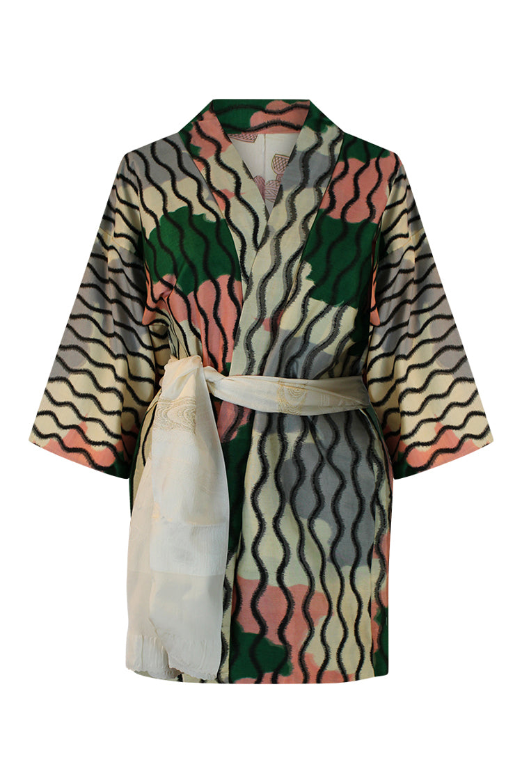 Meisen silk jacket with green pink white design - Kiku 