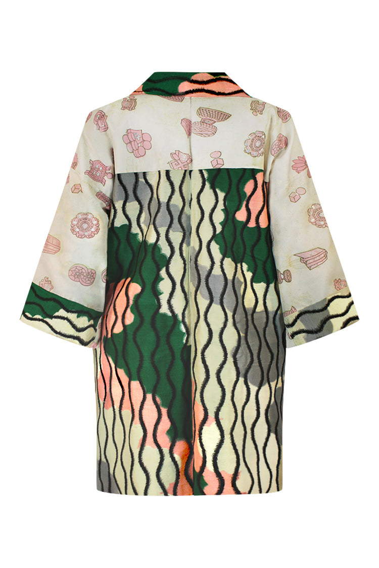 Meisen silk jacket with green pink white design - Kiku 