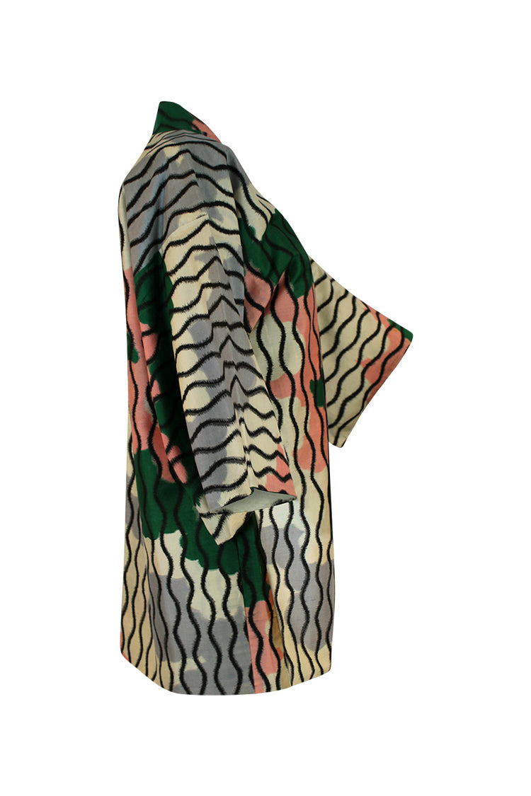 Meisen silk jacket with green pink white design - Kiku 