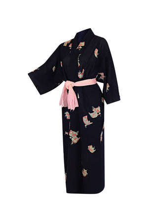 Navy summer silk kimono with pink scroll design - Kiku 