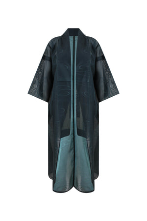 Refashioned vintage silk kimono is a blue green color and shown open to the front.