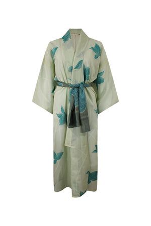 one of a kind white and green refashioned kimono with sash