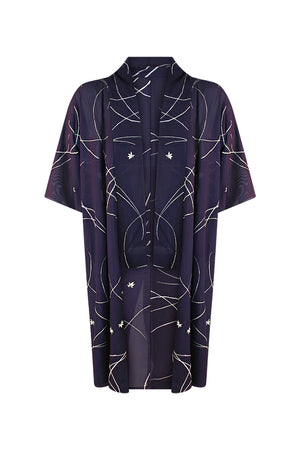 Navy blue summer silk kimono with white flowers - Kiku 