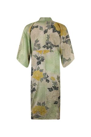 pale green vintage kimono with gold trimmed flowers