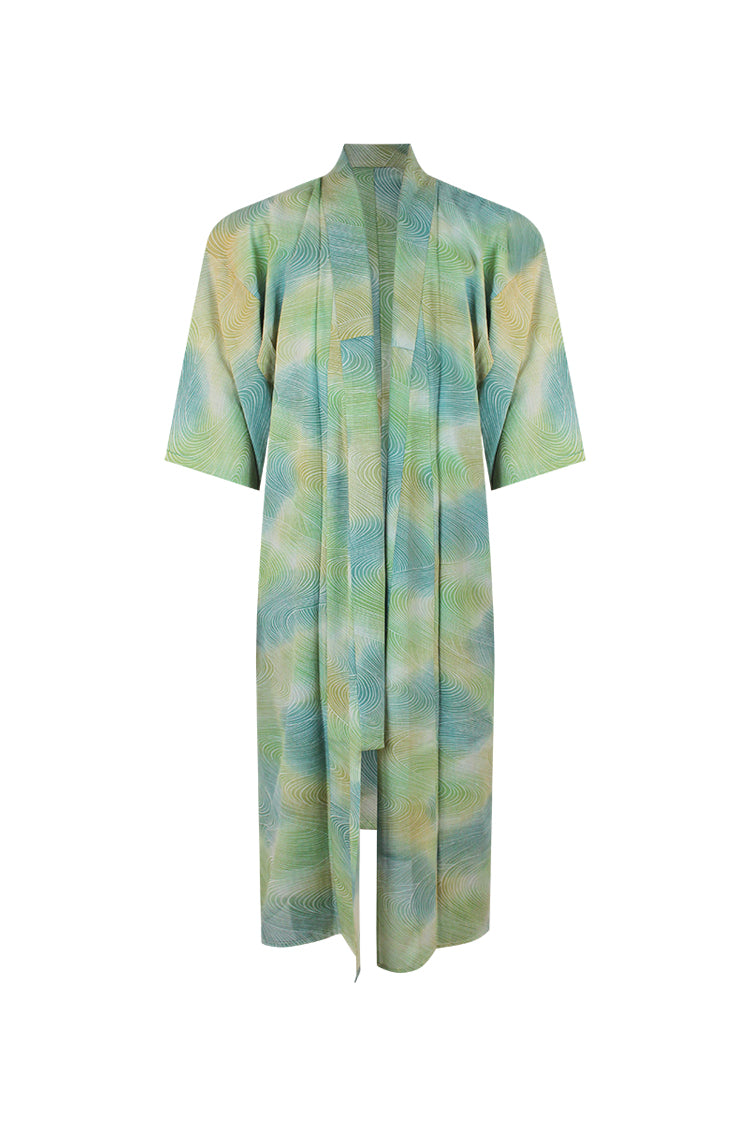 Variegated green summer silk kimono - Kiku 