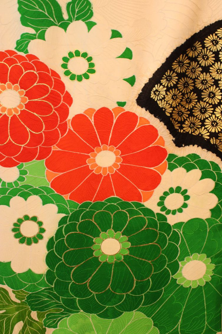 Furisode celebration scarf with cream, green, orange, black colors - Kiku 