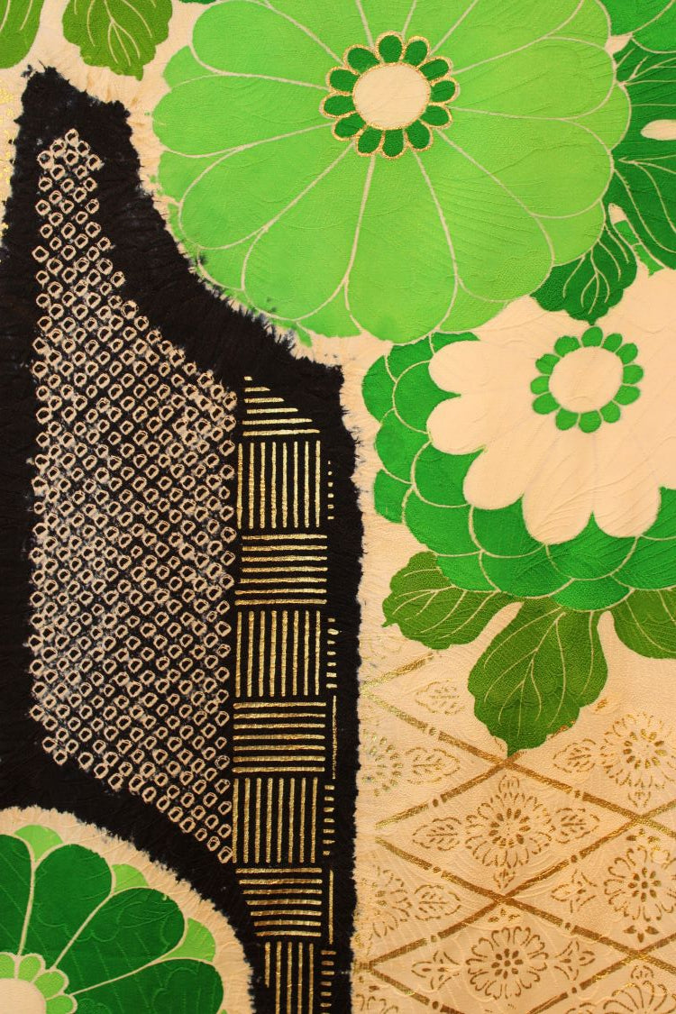 Furisode celebration scarf with cream, green, orange, black colors - Kiku 
