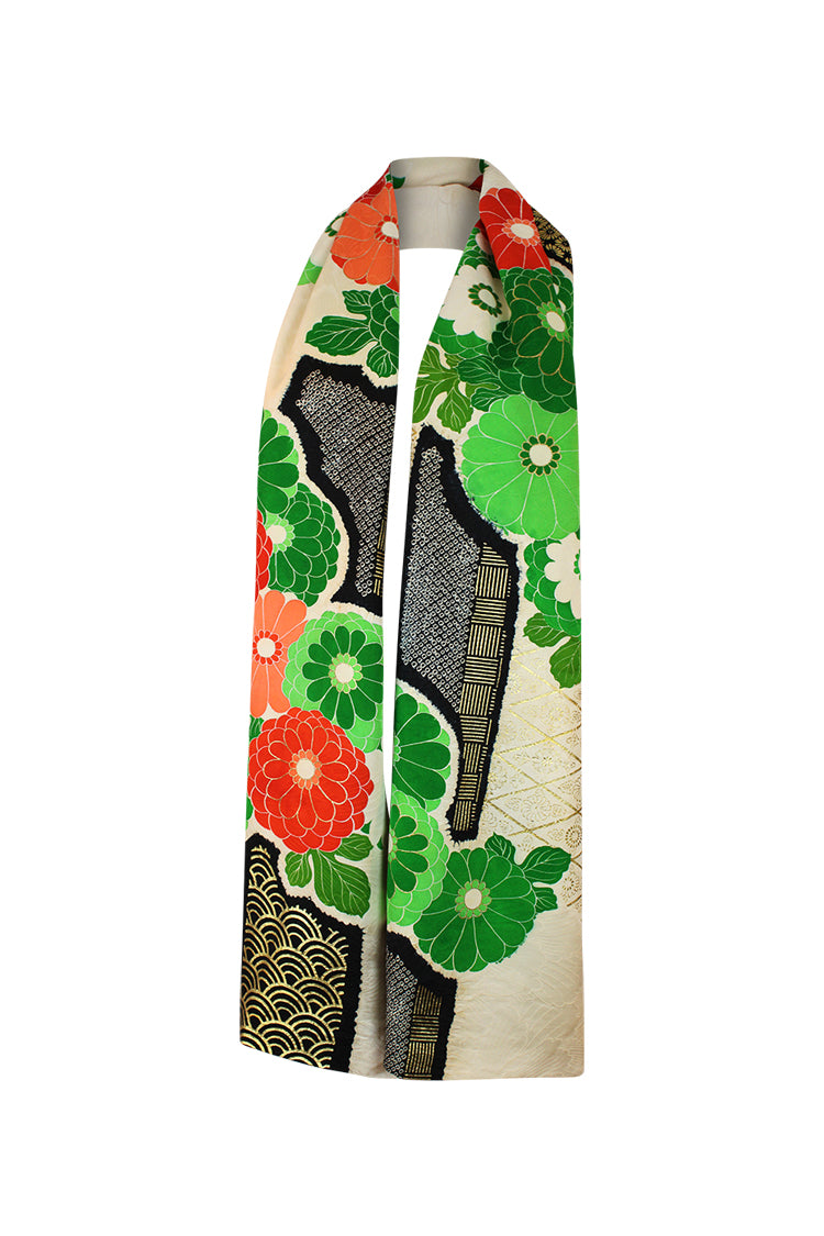 Furisode celebration scarf with cream, green, orange, black colors - Kiku 