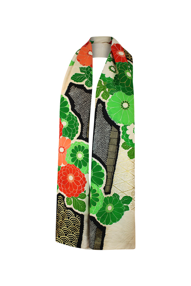 Furisode celebration scarf with cream, green, orange, black colors