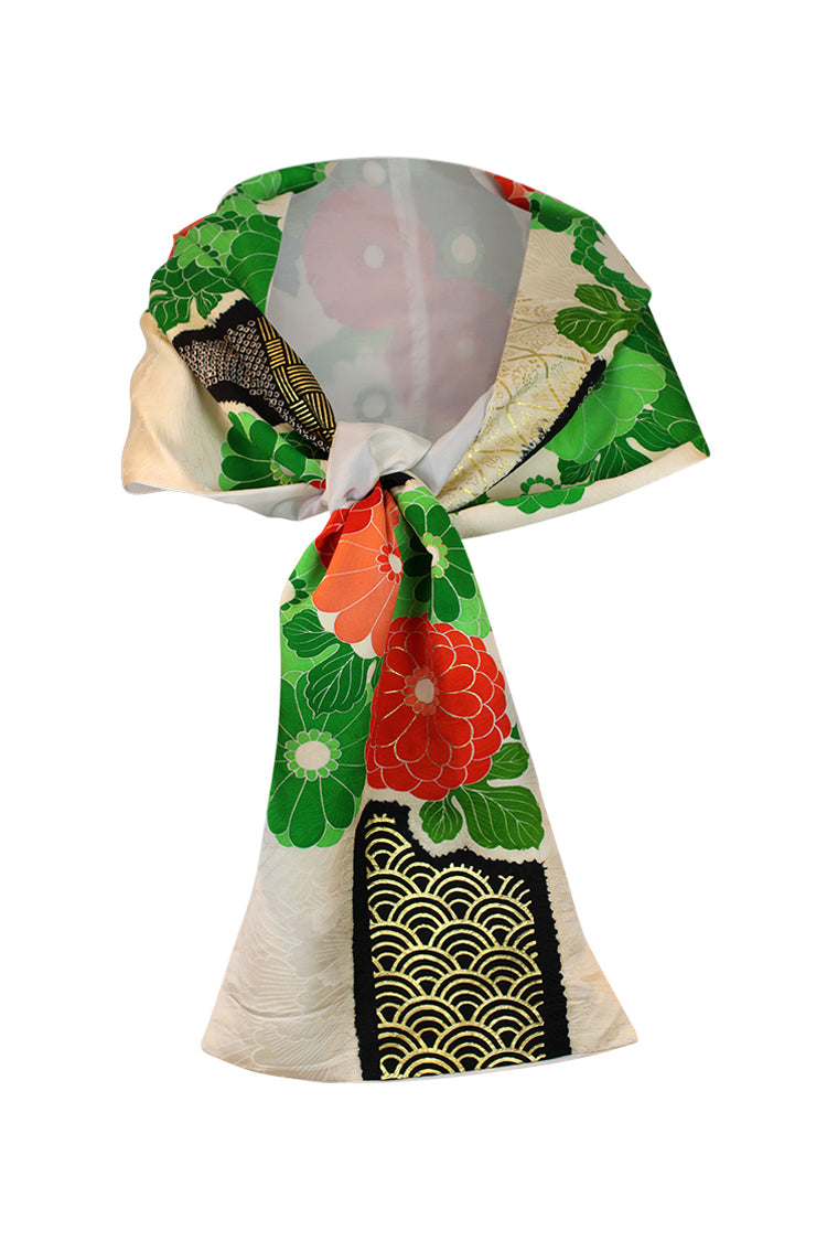 Furisode celebration scarf with cream, green, orange, black colors - Kiku 