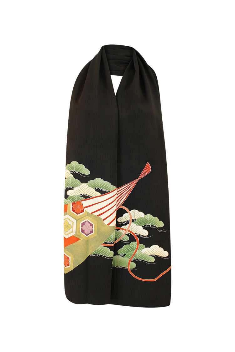 Tomesode silk celebration scarf with green, gold, orange, purple colors - Kiku 