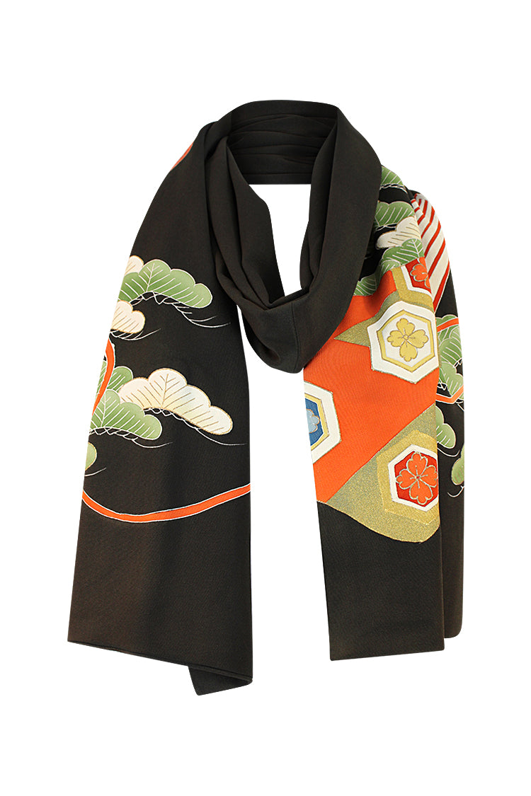 Tomesode silk celebration scarf with green, gold, orange, purple colors - Kiku 