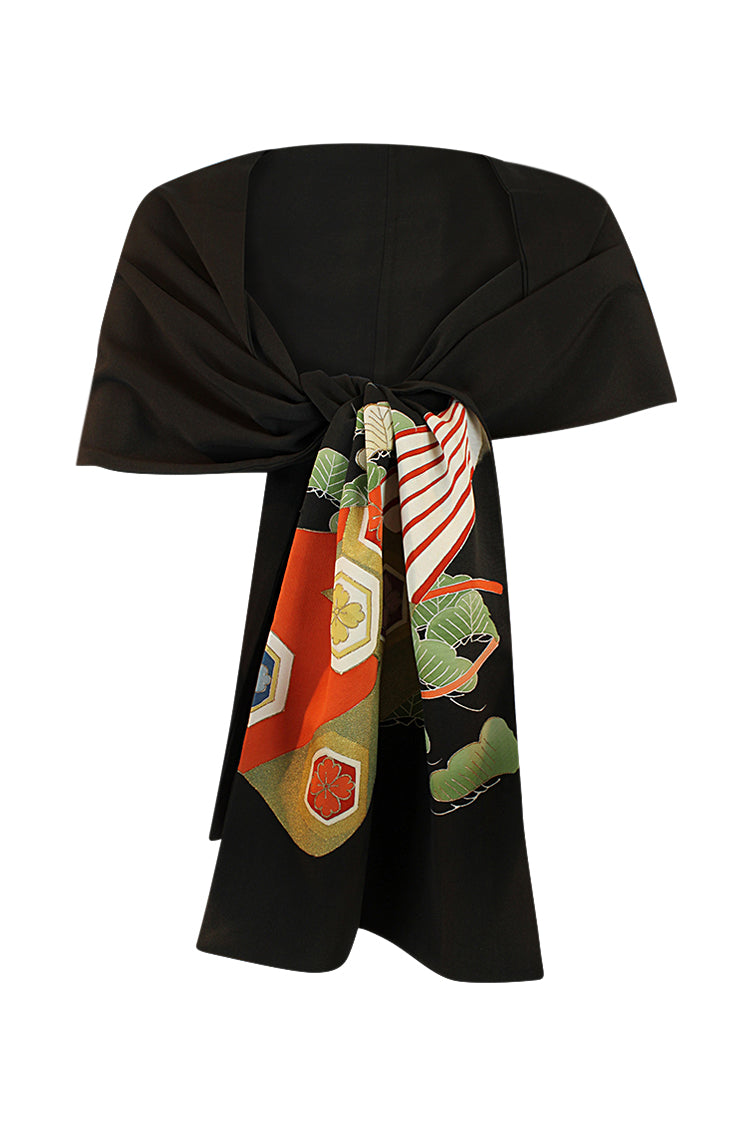 Tomesode silk celebration scarf with green, gold, orange, purple colors - Kiku 