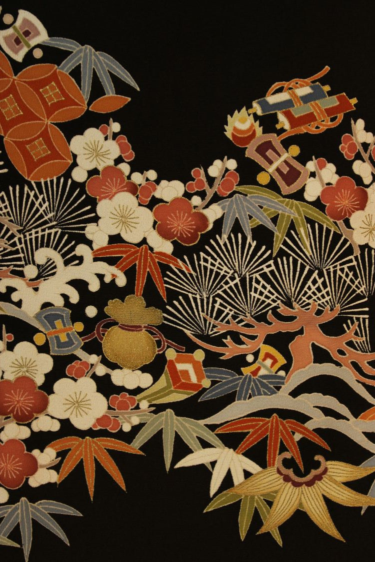 detail of hand painting on black stole made from  high ranking kimono