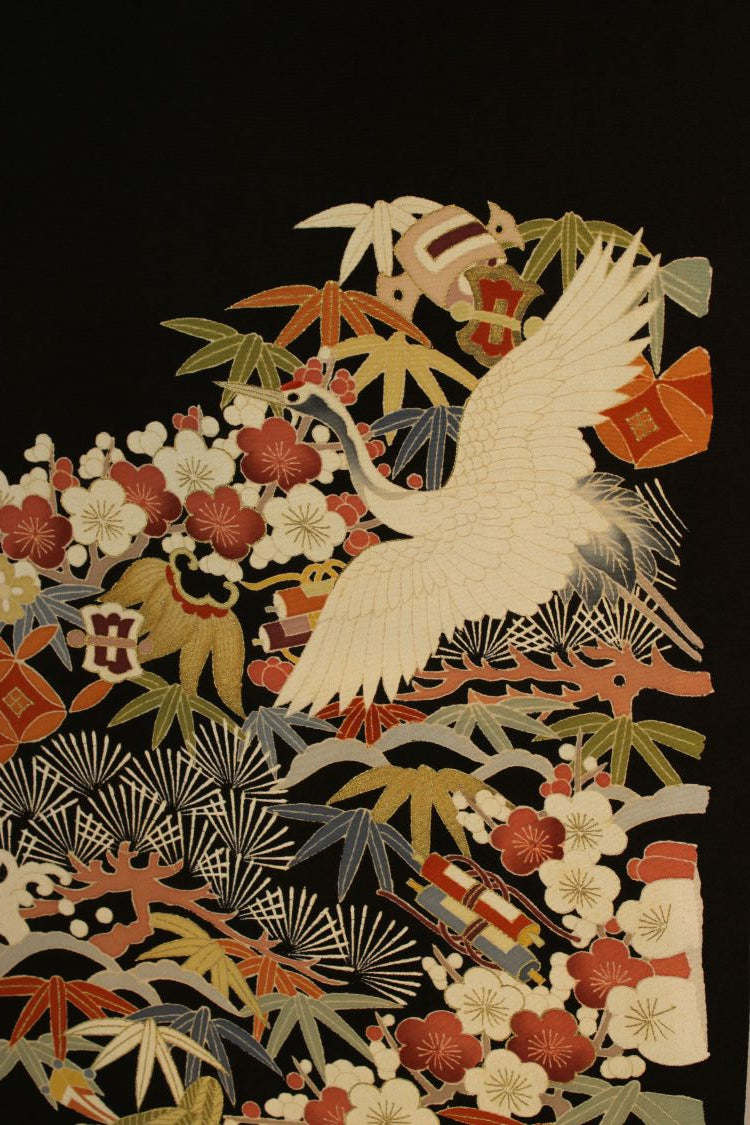 hand painted crane against flower background on black stole from silk kimono