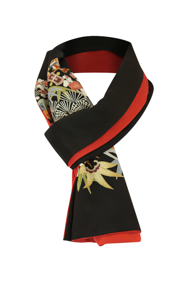 looped scarf refashioned from vintage kimono in black and orange