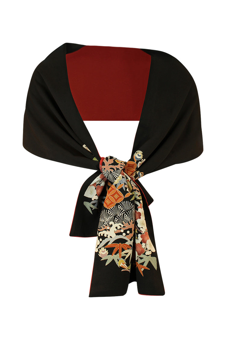 black  upcyled stole with hand painted birds and flowers from  silk kimono