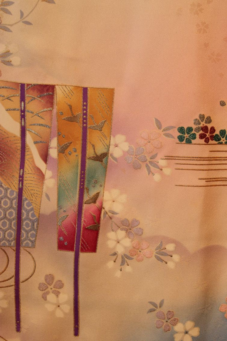 gold birds on orange, turquoise and scarlet banner from  upcycled silk scarf
