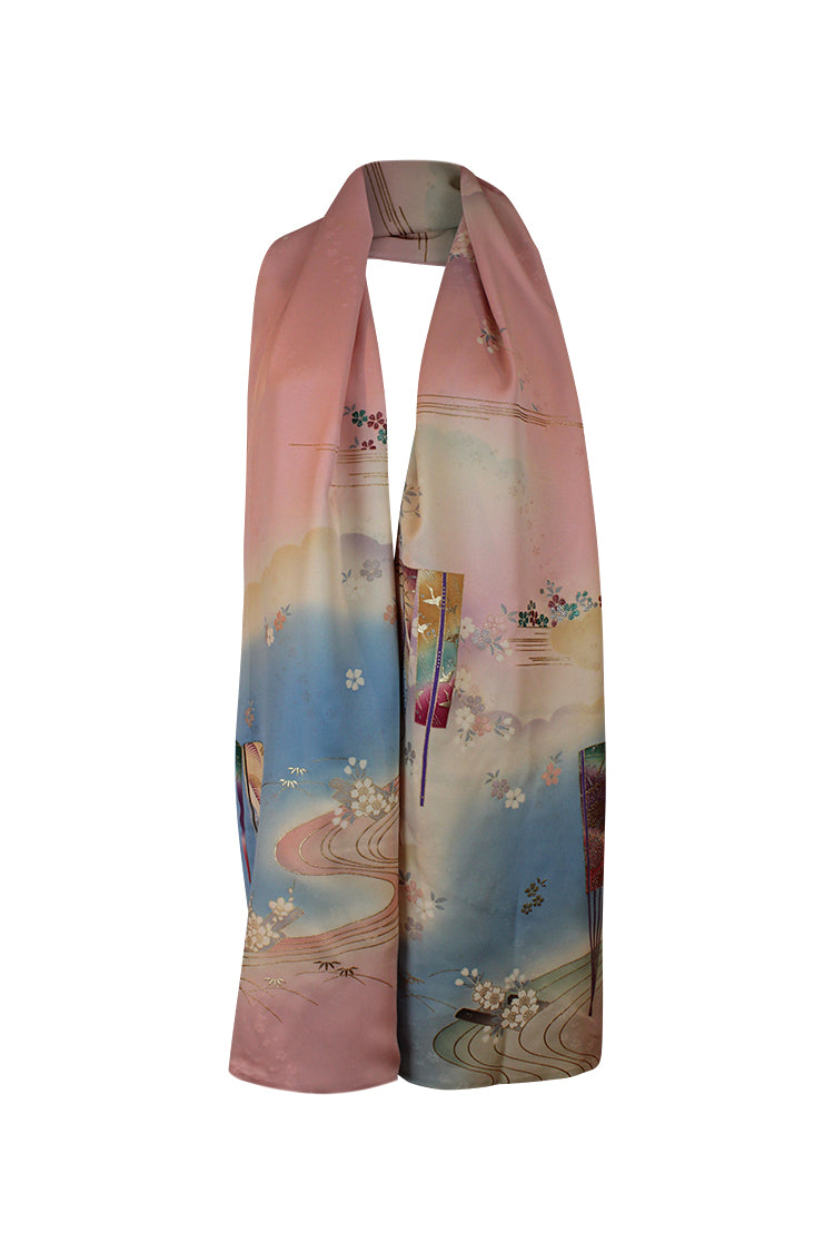 beautiful pink and blue silk kimono refashioned into a long scarf